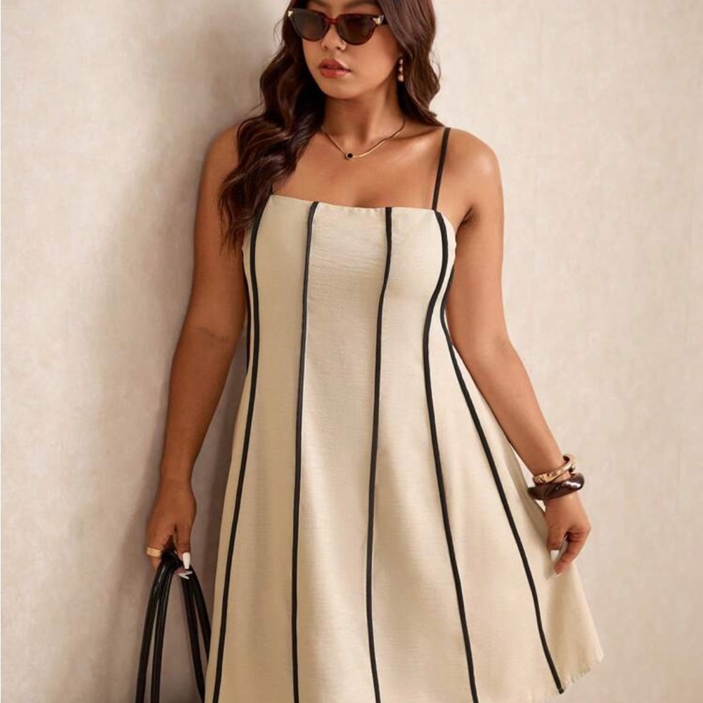 Elegant Cream and Black Vertical Striped Dress